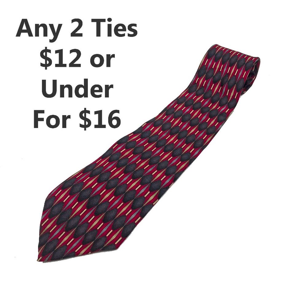EUC Van Heusen 100% Silk Tie Dark Red Geometric